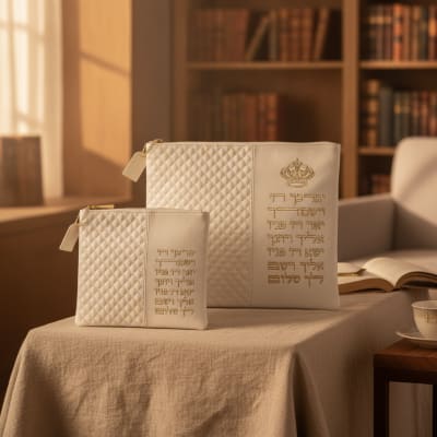 סט טלית תפילין דמוי עור לבן עם אותיות "ויברכך"