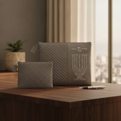 סט טלית תפילין דמוי עור אפור אותיות בולטות "שיויתי" כסף 36X29 ס"מ...