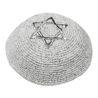 כיפה סרוגה 16 ס"מ נטזים כסף עם רקמה מגן דוד