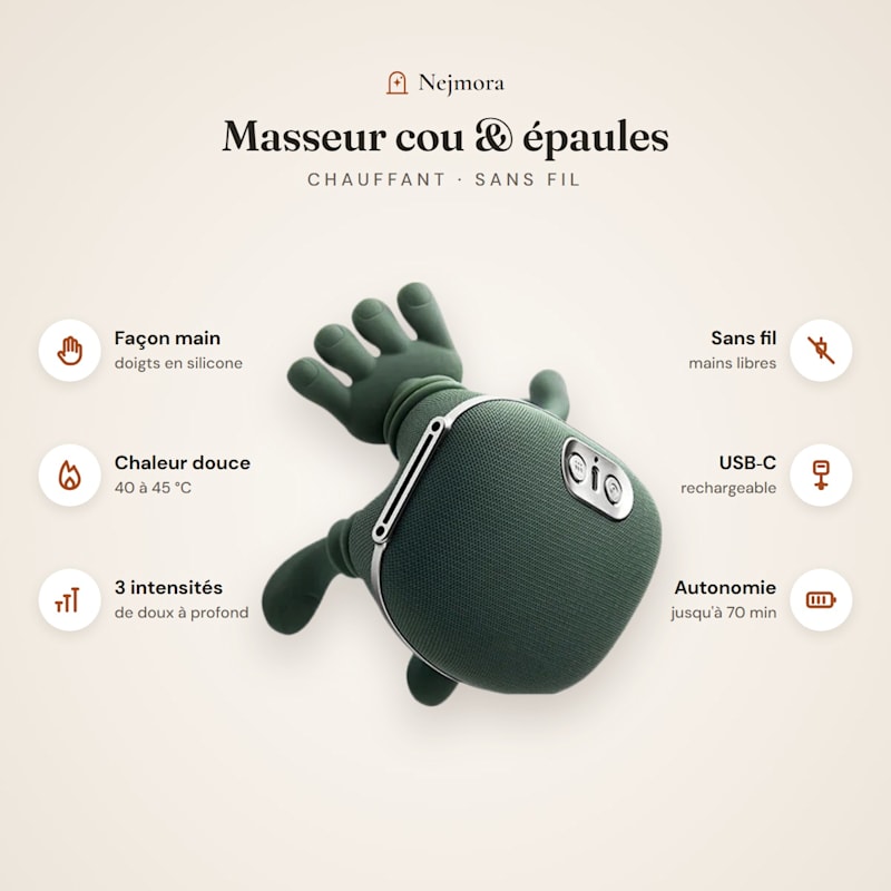 Les atouts du masseur : façon main, chaleur douce 40 à 45 °C, 3 intensités, sans fil, USB-C, autonomie jusqu'à 70 min