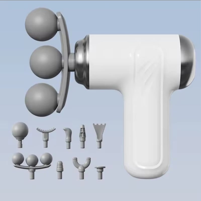 Mini pistolet de massage blanc avec sa tête à 3 billes et ses embouts interchangeables