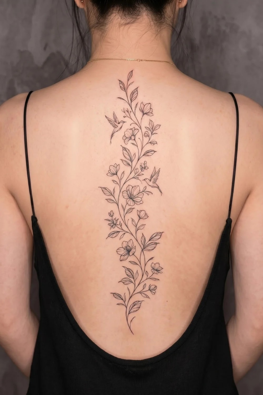 Hummingbird Ink Elegant Floral Spine Tattoo