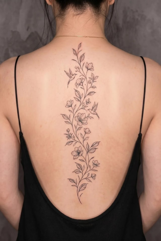 Hummingbird Ink Elegant Floral Spine Tattoo