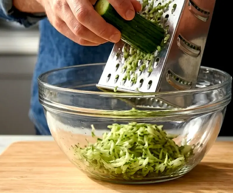 Grate, salt, and squeeze the cucumber dry