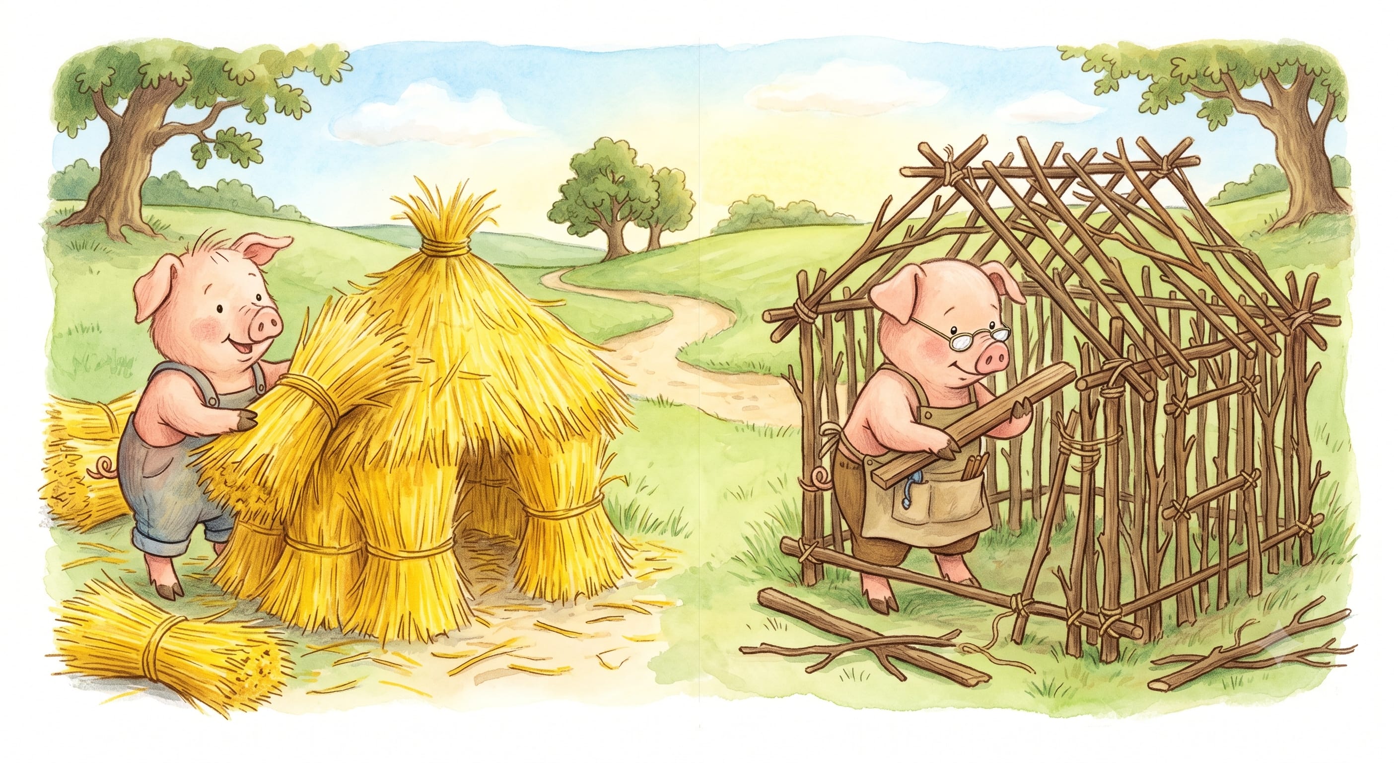 Illustration for: The first pig built his house of straw, and the second pig, who was little wiser, built his house of sticks.