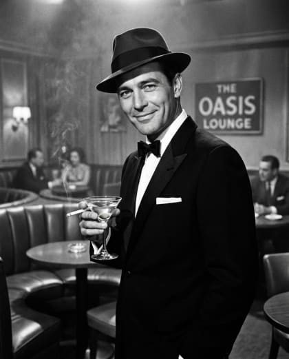 Crooner au Micro — univers Vintage Noir & Blanc du photobooth IA Le Studio Pop