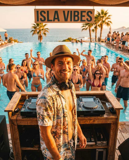 House Solaire d'Ibiza — univers DJ & Électro du photobooth IA Le Studio Pop