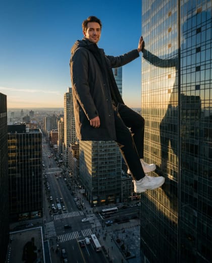 Adossé au Gratte-Ciel — univers Géant dans la Ville du photobooth IA Le Studio Pop