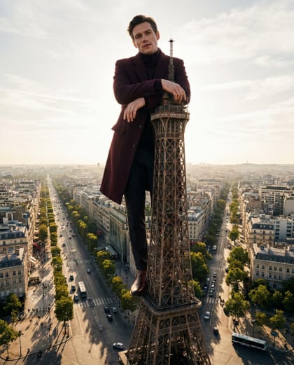 Accoudé à la Tour — univers Géant dans la Ville du photobooth IA Le Studio Pop