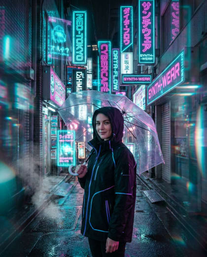 Ruelle de Néons — univers Cyberpunk du photobooth IA Le Studio Pop