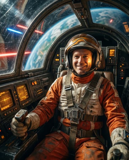 Pilote de Chasse Spatial — univers Science-Fiction du photobooth IA Le Studio Pop