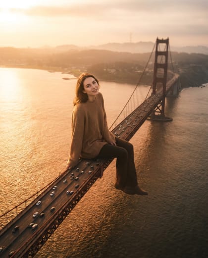 Assis sur le Pont — univers Géant dans la Ville du photobooth IA Le Studio Pop