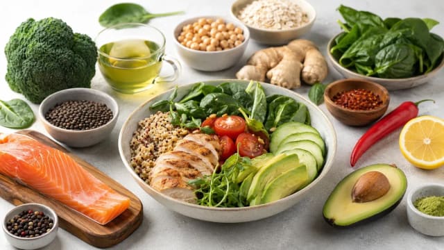 Bol composé de légumes verts, saumon, poulet, quinoa et avocat entouré d'aliments brûle-graisses
