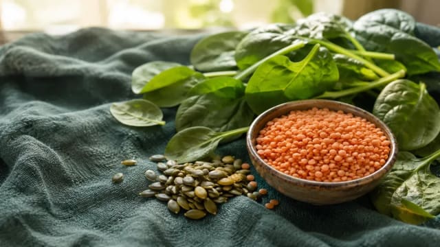 Lentilles corail, graines de courge et épinards sur un lin vert