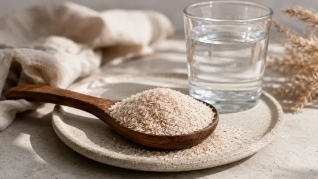 Poudre de psyllium blond dans une cuillère en bois à côté d'un verre d'eau