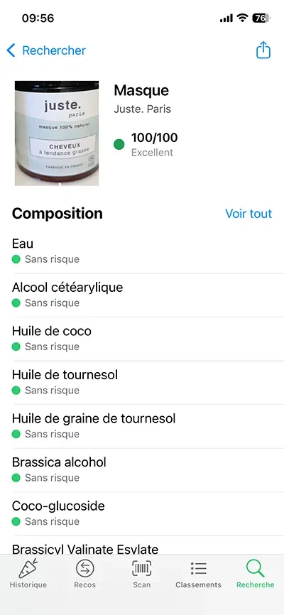 La note Yuka du masque juste.paris