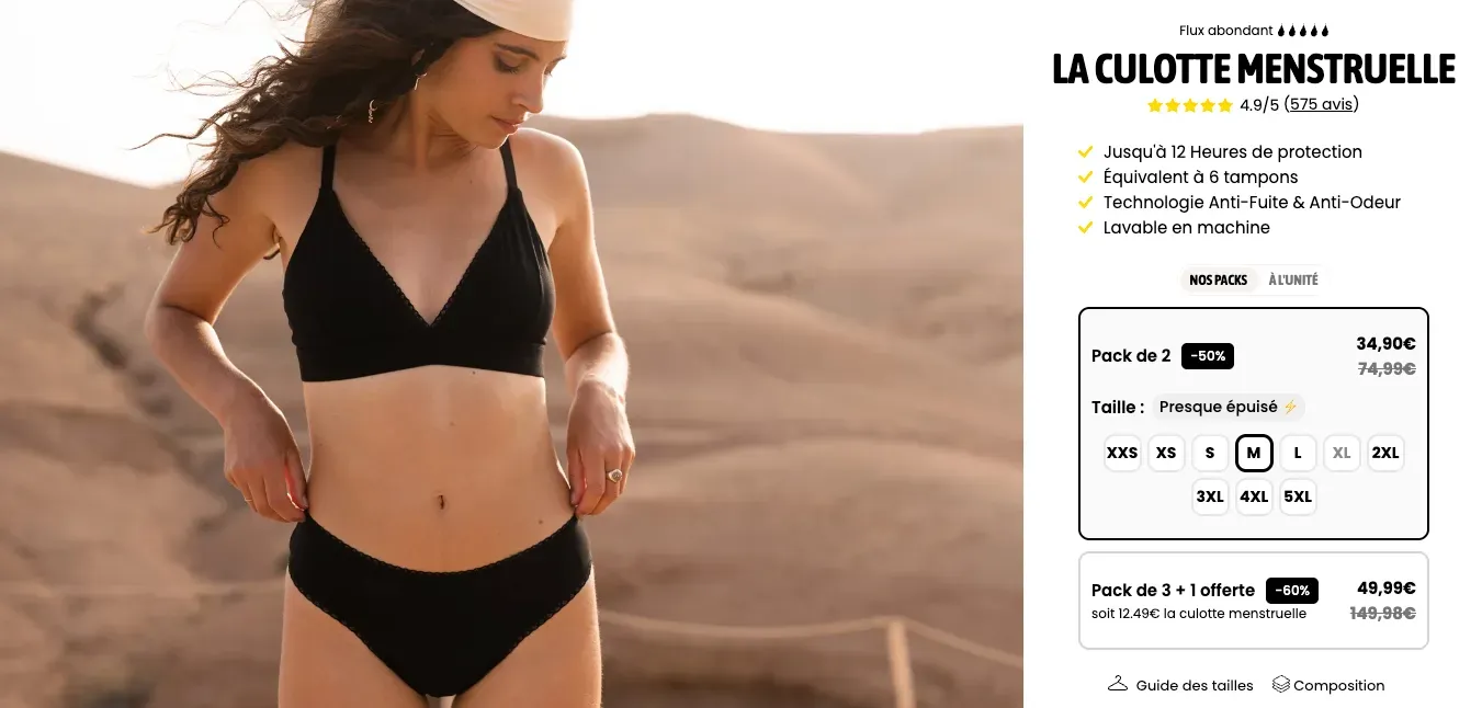 🥇 Pack de 3 + 1 offerte culotte menstruelle chez EVE AND CO (-70%)