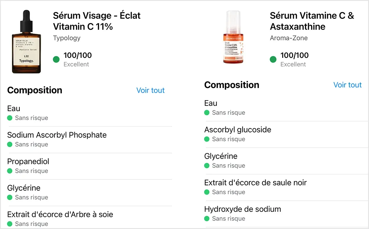 Les scores Yuka des deux sérums