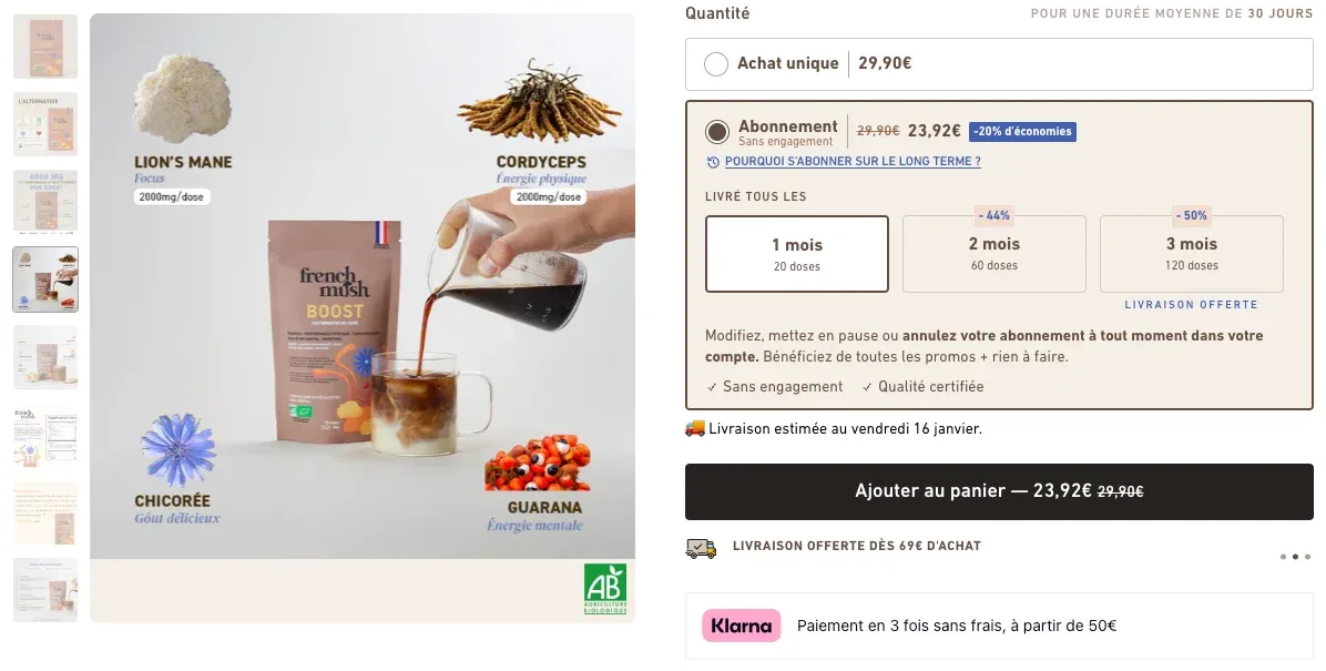 Les différents prix sur la boisson Boost