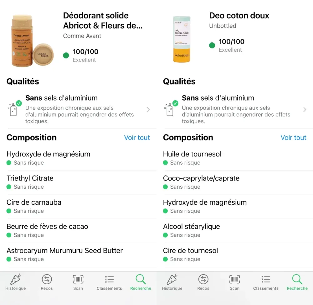 Les notes Yuka chez Unbottled et Comme Avant