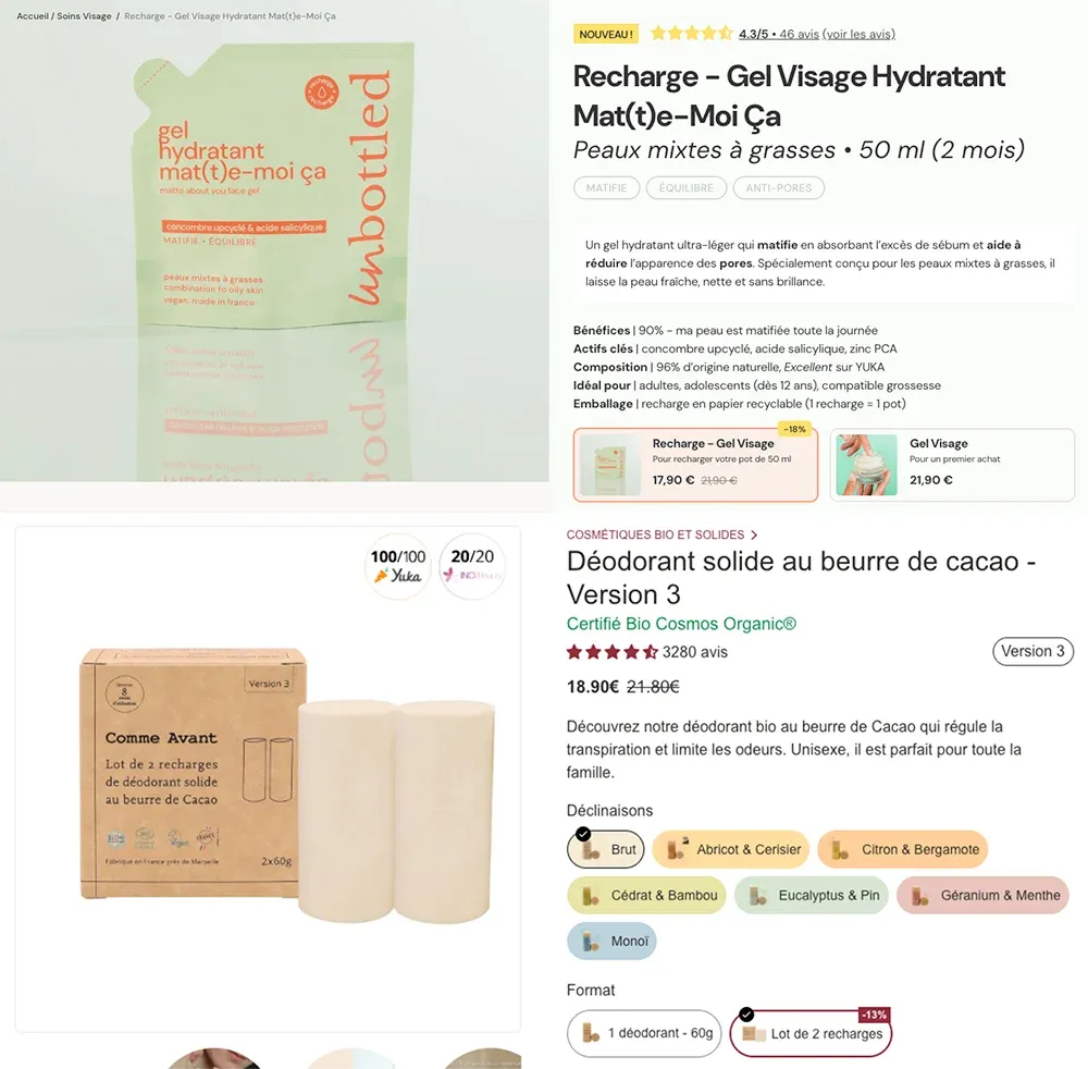 Les recharges chez les deux marques sur certains produits