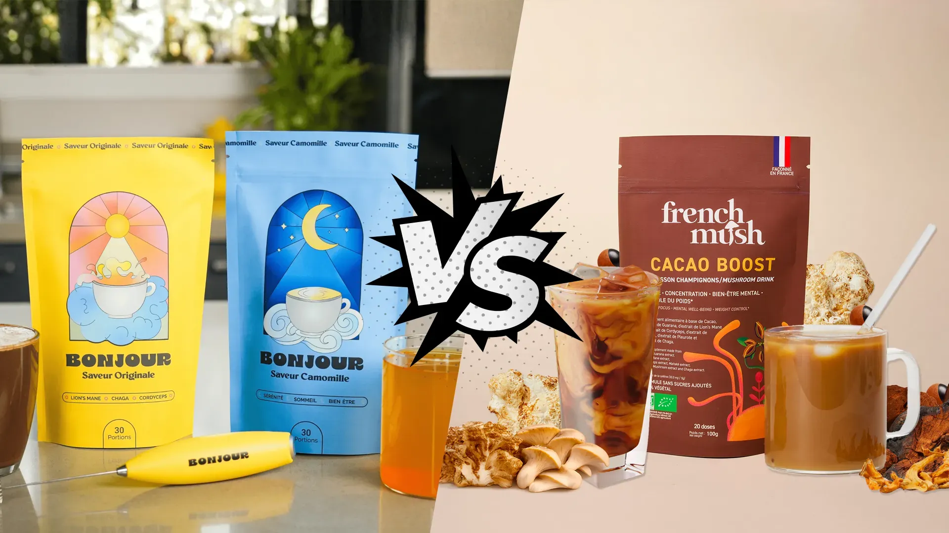 Bonjour ou French Mush : le comparatif complet des boissons aux champignons adaptogènes en 2026