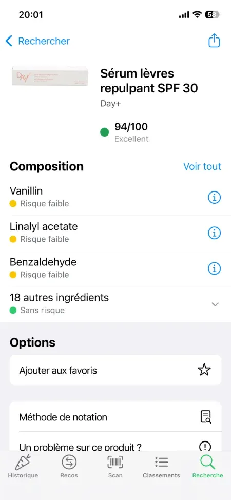 La note YUKA de ce sérum est de 94/100