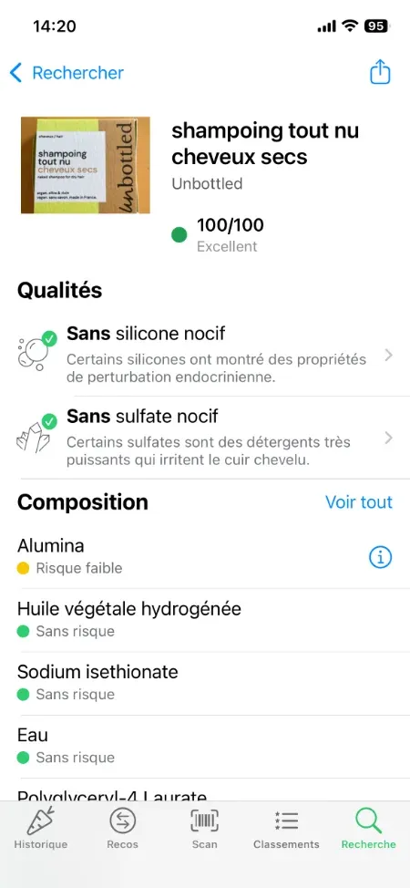 Les shampoing tout nu obtient la note exceptionnelle de 100/100 chez Yuka