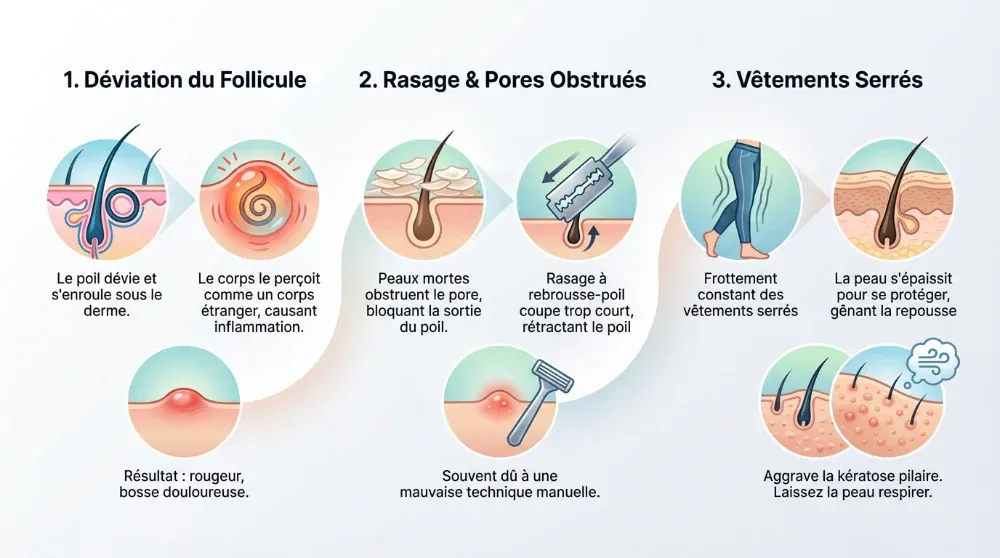 Schéma illustrant les causes des poils incarnés : rasage, peaux mortes et vêtements serrés