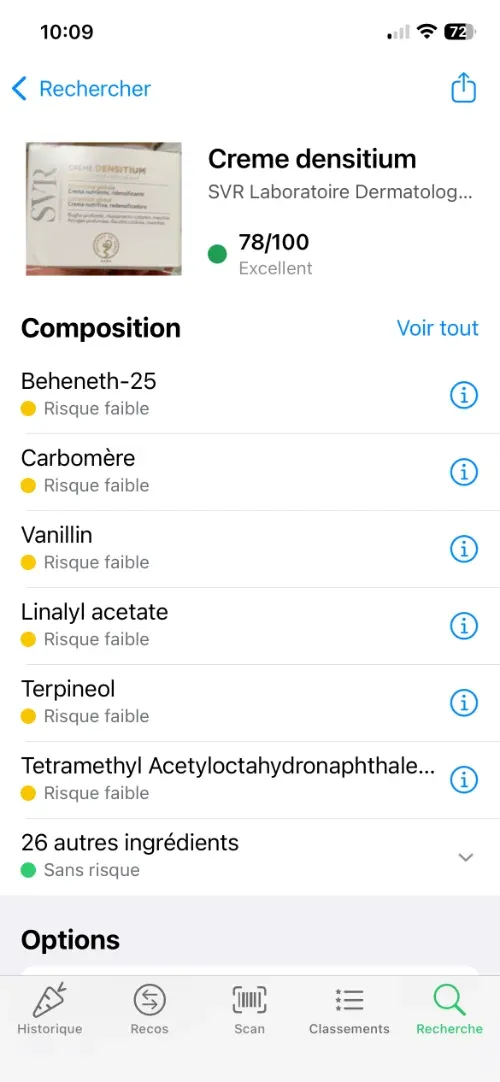 La note Yuka de la crème densitium est de 78