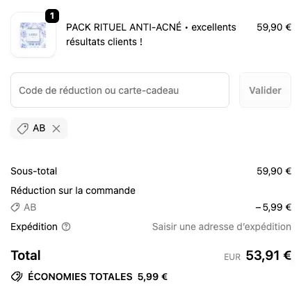 capture d'écran du panier avec le code AB appliqué - Testé en juin 2026