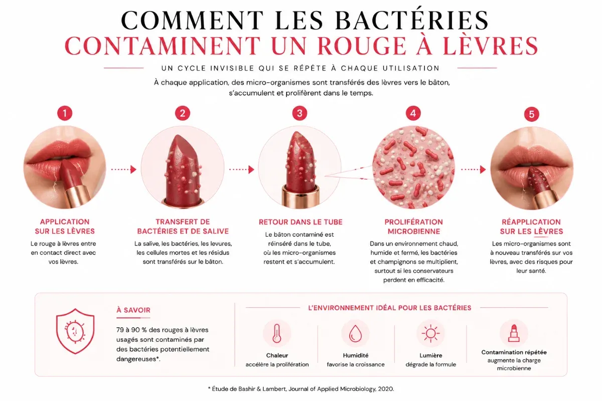 Les étape de comment les bacteries contaminent un rouge à levres