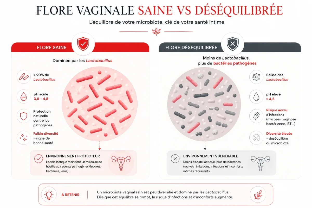 Schéma d'un comparatif entre flora vaginale saine vs déséquilibrée