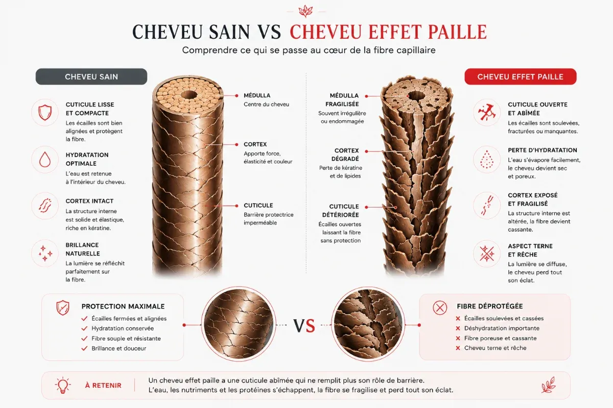 Les différences entre les cheveux sains et effet paille
