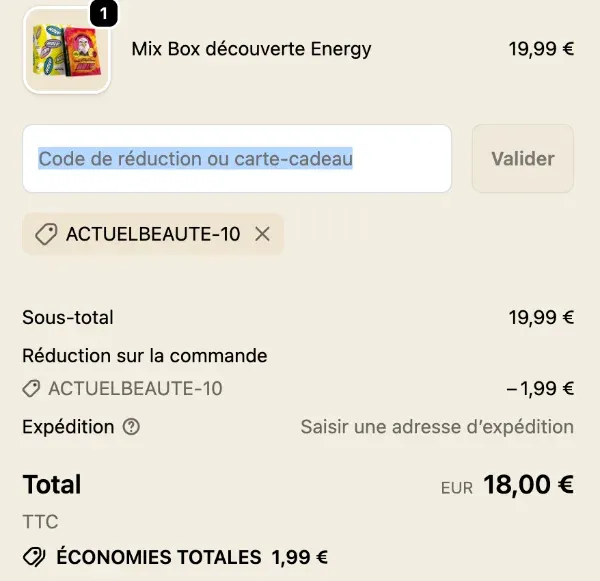 Capture d'écran du panier avec le code ACTUELBEAUTE-10 appliqué - Testé en juin 2026