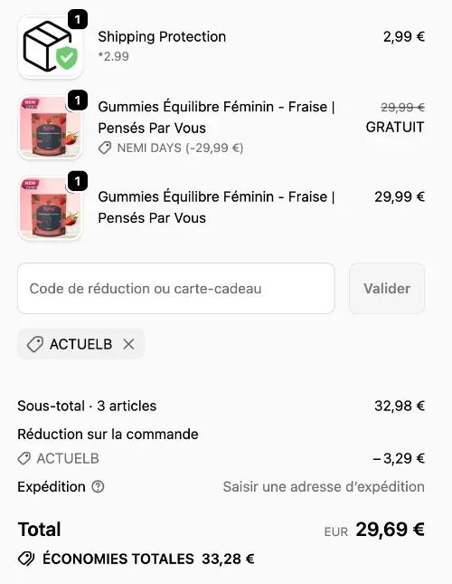 Capture d'écran du panier avec le code ACTUELB appliqué - Testé en juin 2026