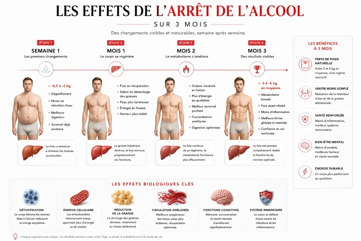 frise chronologique des 3 mois sans alcool avec les changements mois par mois