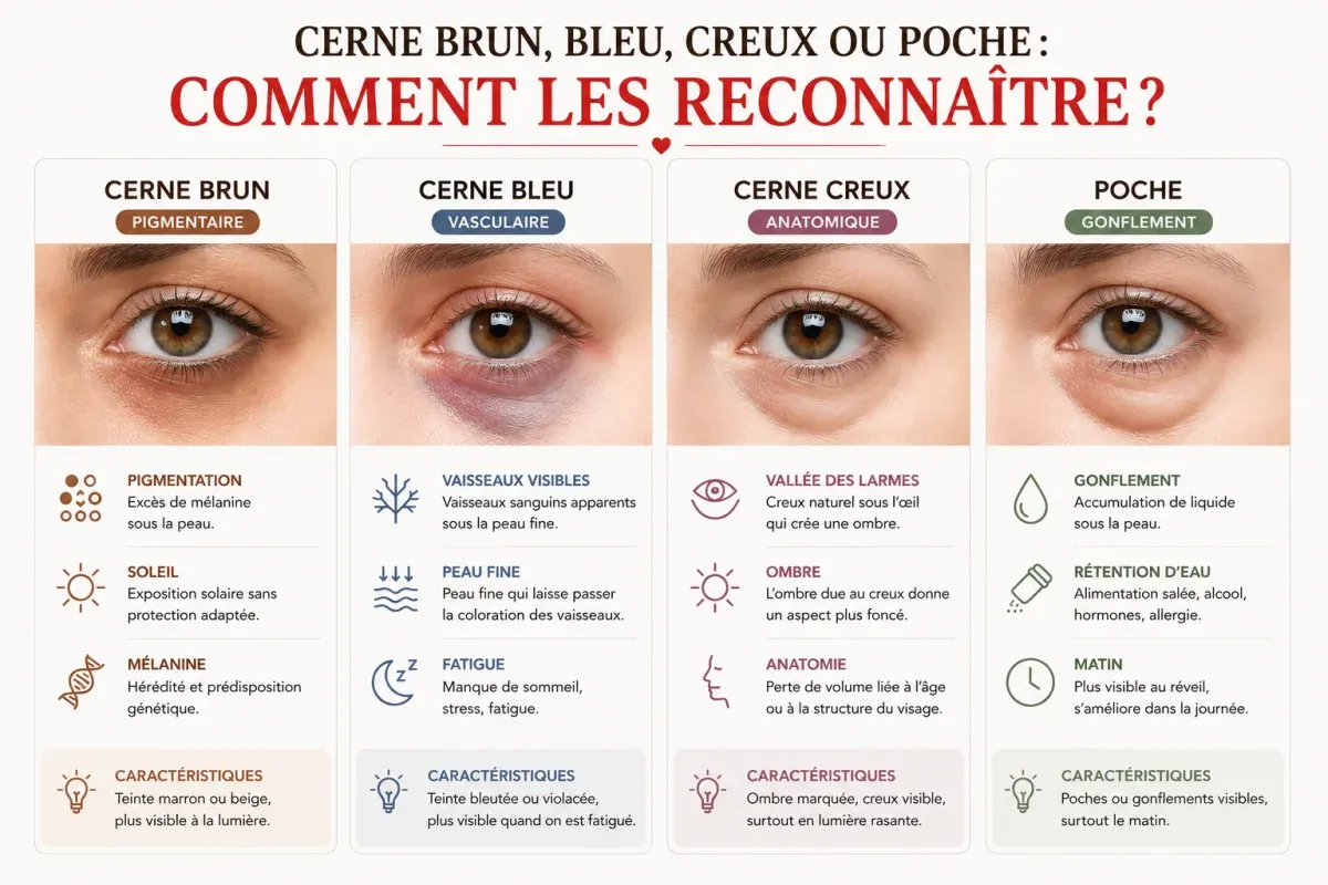 Schéma pour reconnaître un cerne brun, bleu, creux ou une poche sous les yeux