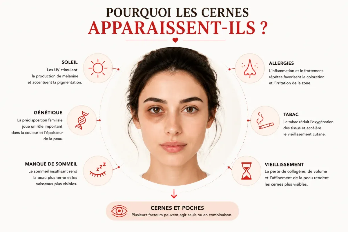 Causes des cernes et poches sous les yeux : soleil, génétique, sommeil, allergies, tabac et vieillissement