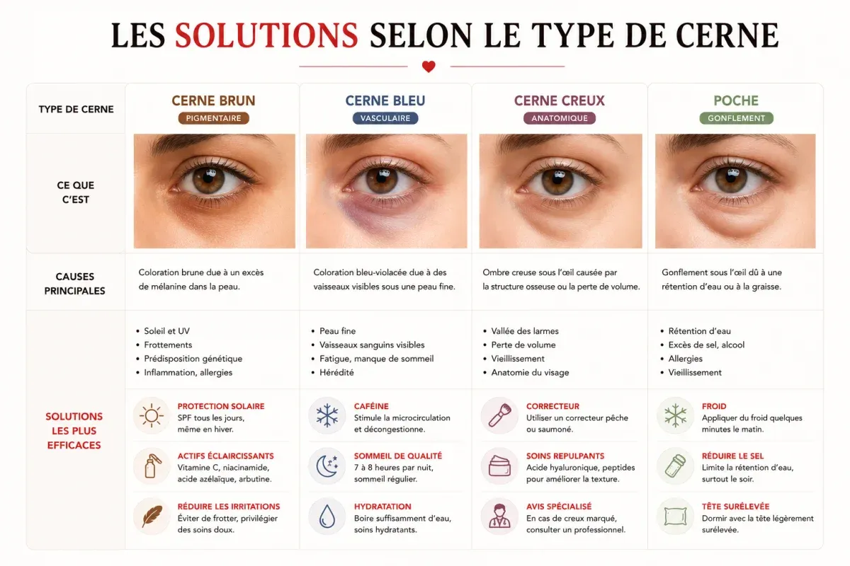Solutions selon le type de cerne : protection solaire, caféine, correcteur, froid et soins doux