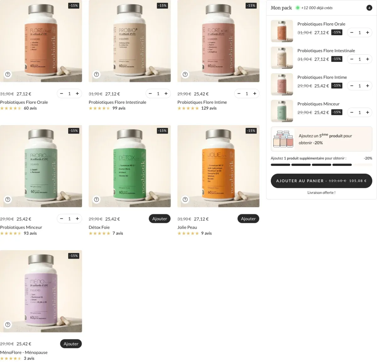 Pack Noobiotik personnalisé avec plusieurs probiotiques sélectionnés et remise automatique