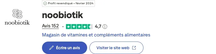 Note Trustpilot de Noobiotik avec 152 avis et un TrustScore de 4,7 sur 5