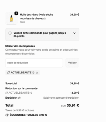 Résumé de commande Lazartigue avec le code promo ACTUELBEAUTE10 appliqué