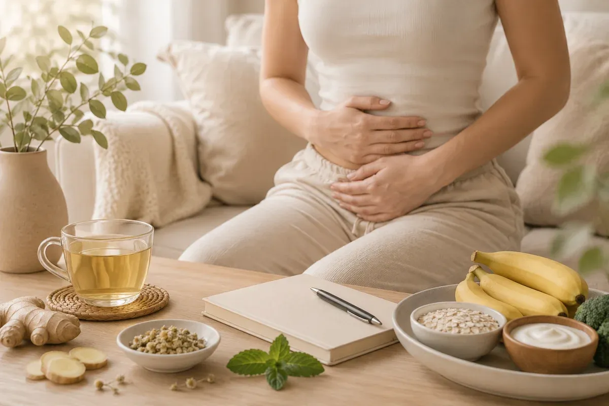 Femme avec ventre gonflé et aliments doux pour aider la digestion des gaz