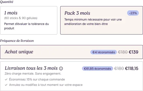 Offres du Pack Équilibre SOVA avec quantité et fréquence de livraison