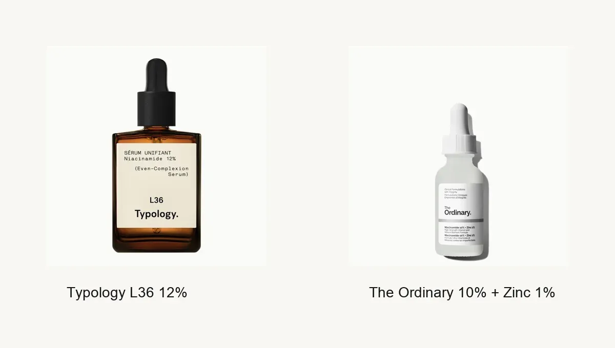 Comparatif visuel entre le sérum niacinamide Typology L36 et The Ordinary Niacinamide 10% + Zinc 1%