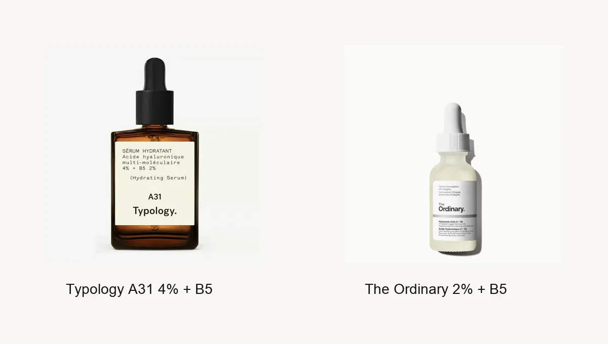 Comparatif visuel entre le sérum hydratant Typology A31 et The Ordinary Acide Hyaluronique 2% + B5