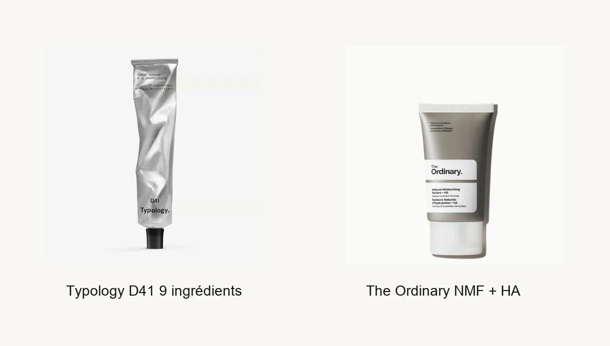Comparatif visuel entre la crème Typology D41 et The Ordinary Natural Moisturizing Factors + HA