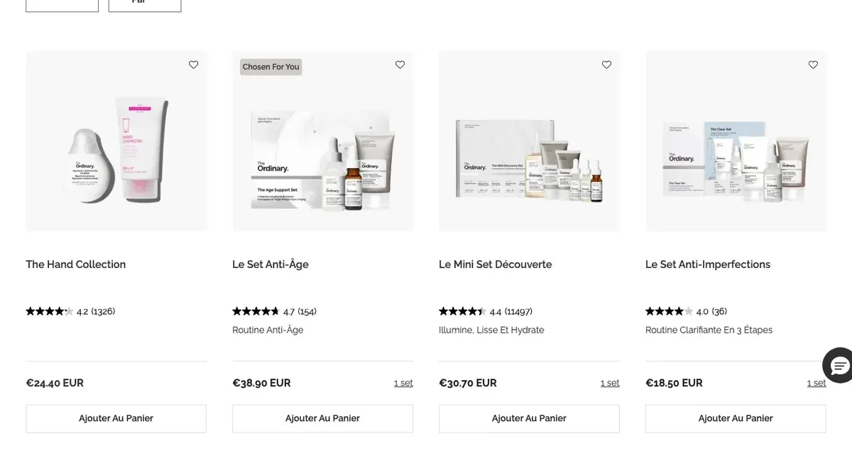 Exemples de coffrets The Ordinary avec prix officiels affichés sur la boutique française