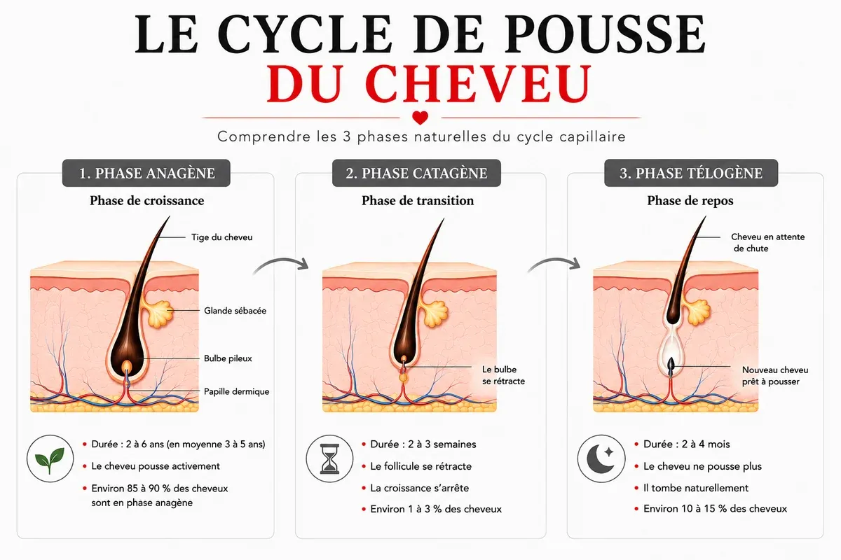 Schéma des trois phases du cycle de pousse du cheveu